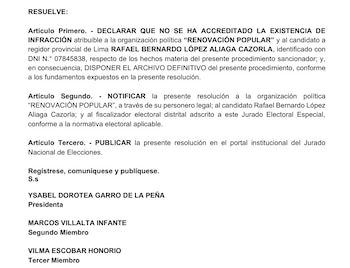 Documento oficial con texto impreso en español que detalla tres artículos de una resolución y la lista de tres autoridades firmantes