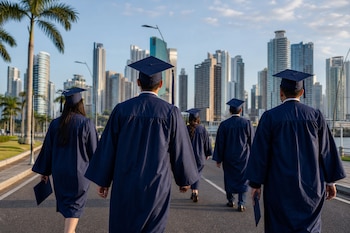 Cinco graduados vistos de espalda caminan por una calle asfaltada usando togas y birretes azules frente a un horizonte de rascacielos.
