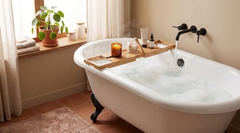Bañera blanca con patas de garra, grifo negro, caddy de bambú, vela encendida, sales de baño, loción, aceite y planta en maceta.