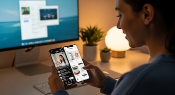 Una mujer sostiene dos teléfonos inteligentes que muestran las aplicaciones TikTok e Instagram, un monitor de computadora y objetos de escritorio.