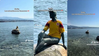 Hinchas de Colombia en Vancouver le pusieron la camiseta de la selección a la famosa estatua de la Chica en Traje de Neopreno: este es el motivo