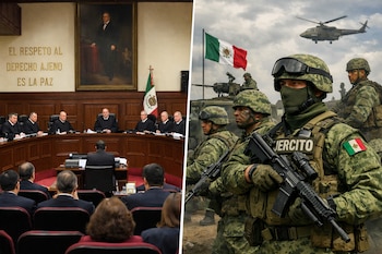 Imagen dividida: a la izquierda, el pleno de la SCJN en sesión con jueces; a la derecha, soldados del Ejército Mexicano con armas, uniforme y bandera.