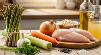Atado de espárragos, diente de ajo, perejil, puerro, zanahoria, cebolla, pechugas de pollo, avena, aceite, caldo de pollo, pimienta, sal.