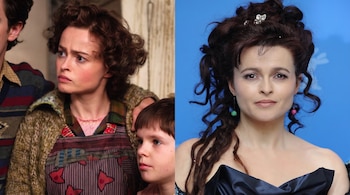 Mujer de cabello rizado con atuendo rústico junto a un niño en la izquierda, y la misma mujer con peinado elaborado y vestido de noche en la derecha.