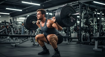 Hombre musculoso con camiseta sin mangas y pantalones cortos oscuros realizando una sentadilla con barra pesada en un gimnasio moderno con suelo negro.