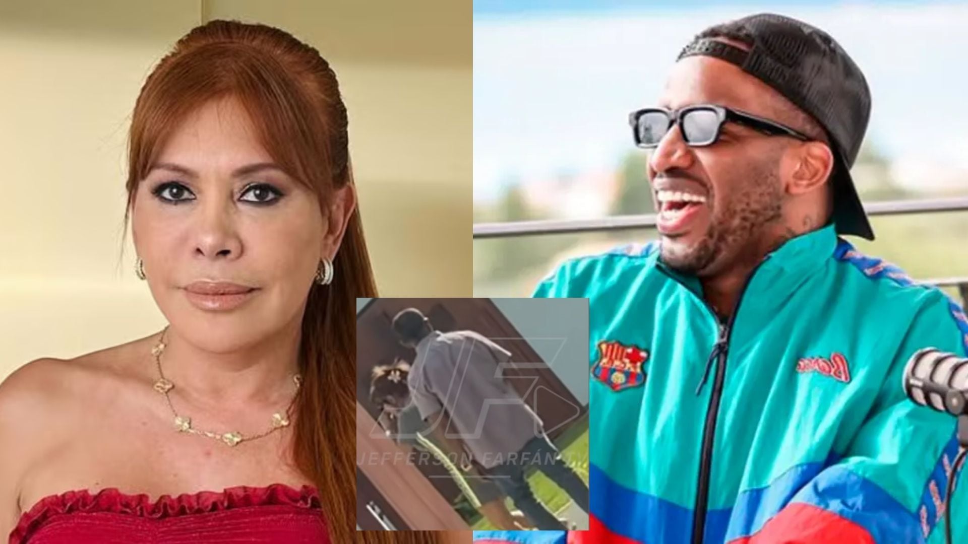 Un montaje fotográfico presenta a Magaly Medina y Jefferson Farfán, junto a una imagen superpuesta de un hombre interactuando con una mujer, vinculada al destape periodístico del futbolista.