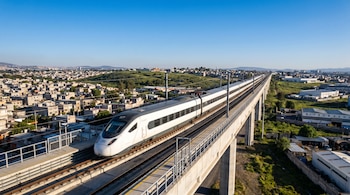 Tren de pasajeros moderno blanco y gris en movimiento sobre vías elevadas, con un paisaje urbano y semi-rural de las afueras de la Ciudad de México bajo un cielo azul claro.
