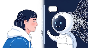 Una persona con sudadera azul, una pantalla vertical, un robot blanco con cabeza de burbuja y ojos azules, y un bocadillo de diálogo.