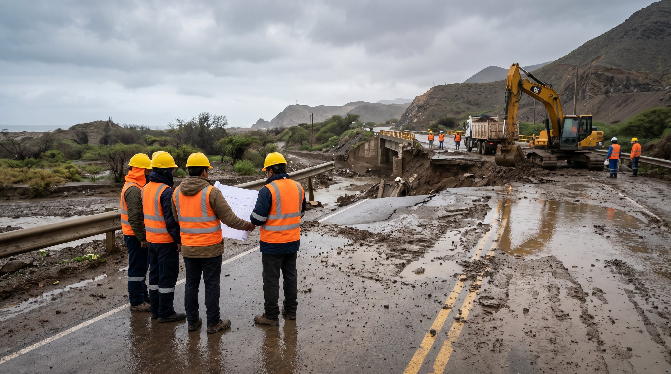 Un grupo de técnicos evalúa con planos una carretera socavada por el lodo en el norte de Perú, donde la maquinaria pesada inicia las obras de reconstrucción vial. (Imagen Ilustrativa Infobae)