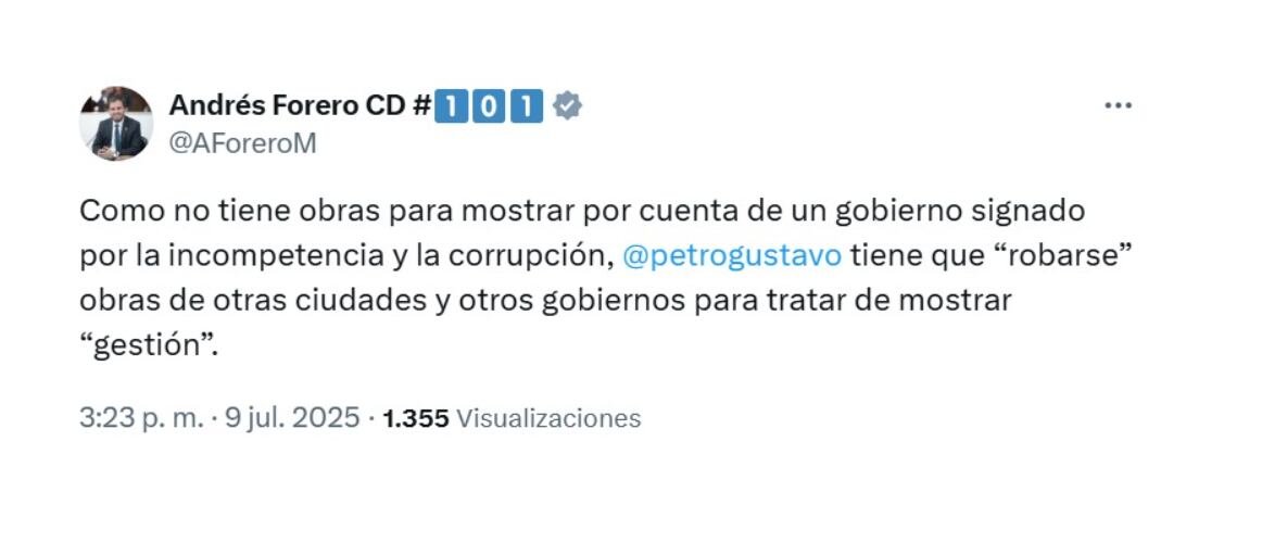 El representante Andrés Forero rechazó las publicaciones del presidente Petro, que terminan siendo