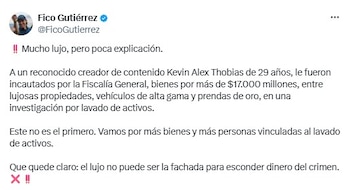 El alcalde planteó el eje de su postura sobre el fenómeno: “Que quede claro: el lujo no puede ser la fachada para esconder dinero del crimen" - crédito @FicoGutierrez/X