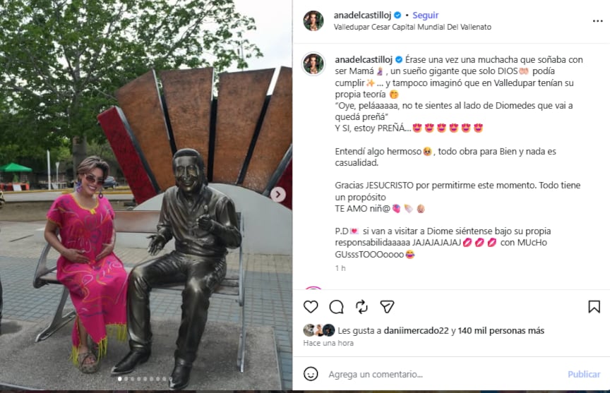 La confirmación del embarazo de Ana del Castillo incluyó una leyenda de Valledupar sobre Diomedes Díaz, retomada por la cantante en tono de humor - crédito @anadelcastilloj/Instagram