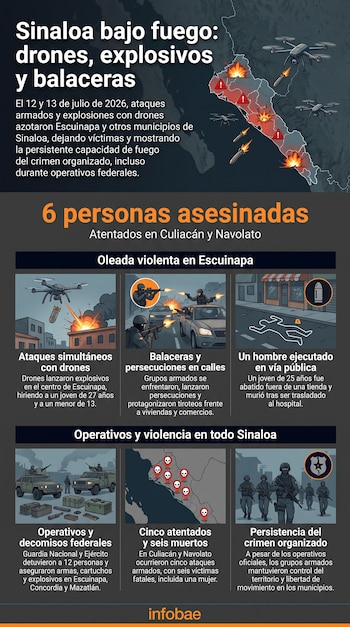 Mapa de Sinaloa con drones y explosiones; ilustraciones de ataques con drones, tiroteos, persona fallecida, vehículos militares y soldados. Texto informativo.