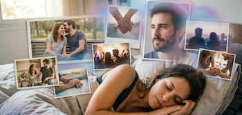 Primer plano de una mujer dormida en la cama con los ojos cerrados, rodeada de un collage de fotografías que muestran a una pareja en diferentes momentos