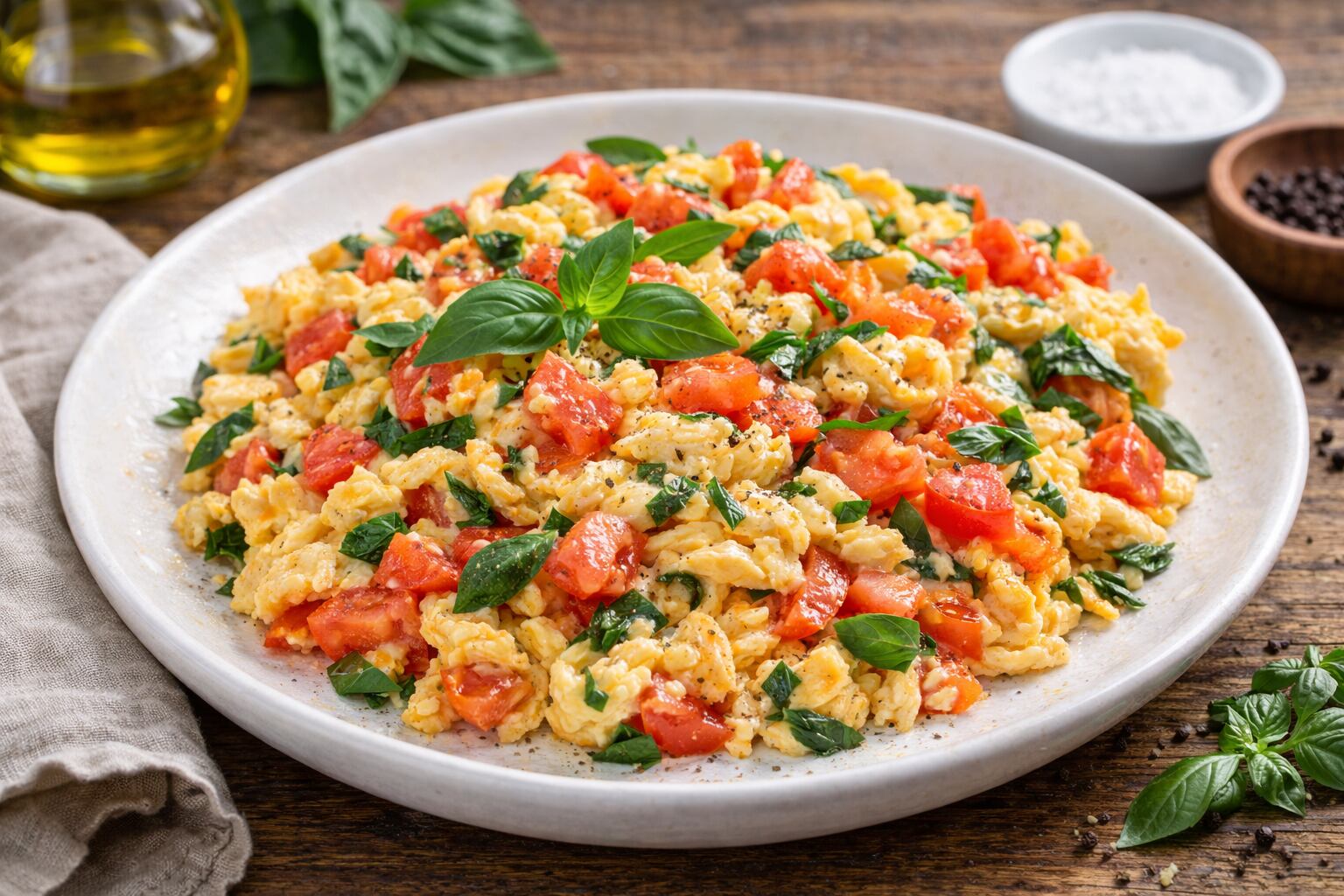 Los huevos revueltos con tomate y albahaca ofrecen un desayuno o cena colorido, aromático y sencillo, perfecto para quienes buscan variar sus comidas en verano (Imagen Ilustraiva Infobae)