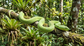 Una serpiente verde esmeralda con escamas azules se enrolla en una rama de árbol horizontal cubierta de musgo. El fondo es un bosque tropical verde y difuminado.