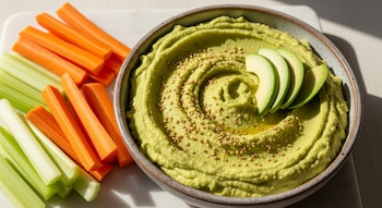 Un plato de hummus verde claro hecho con aguacate y garbanzos, decorado con semillas de sésamo y rodajas finas de aguacate, con bastones de zanahoria y apio al lado.