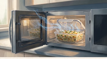 Un microondas de acero inoxidable abierto con un tupper transparente lleno de arroz y vegetales dentro, de donde emana vapor azul y pequeñas partículas flotantes.
