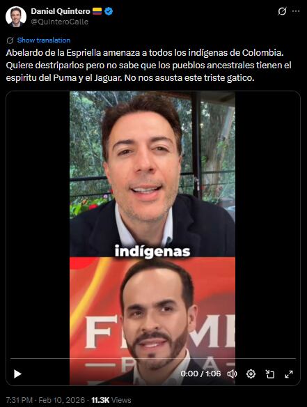 Polémica por declaraciones sobre tierras indígenas enfrenta a Daniel Quintero y Abelardo de la Espriella - crédito @QuinteroCalle