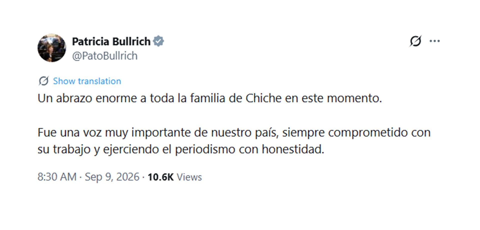 La funcionaria Patricia Bullrich expresa sus condolencias a la familia del periodista Chiche Gelblung mediante un mensaje publicado en redes sociales.