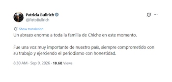 Captura de pantalla de una publicación en X de Patricia Bullrich con un mensaje de pésame para la familia de Chiche Gelblung