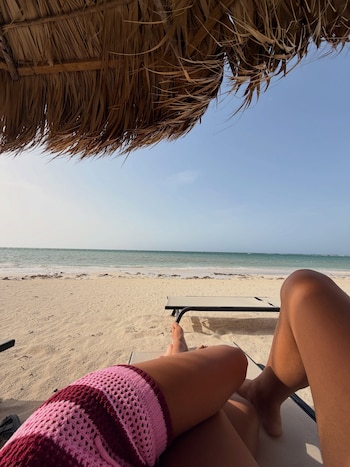 Punto de vista desde sombrilla de paja mostrando dos pares de piernas, la playa de arena con algas, el mar y el cielo. Dos reposeras