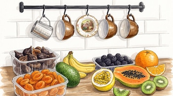 Acuarela de higos y damascos secos, moras, bananas, palta, papaya, maracuyá, kiwis y naranjas sobre una mesa con tazas colgadas al fondo.