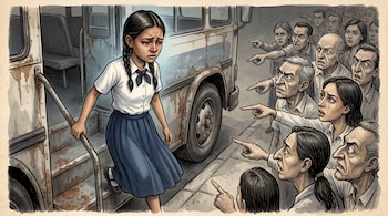 Dibujo de una joven con uniforme escolar que baja de un autobús mientras un grupo de personas la apunta con el dedo.