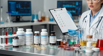 Una científica en un laboratorio con tubos de ensayo, frascos, matraces, placas de Petri y computadoras, revisa una lista de verificación con marcas rojas y verdes.