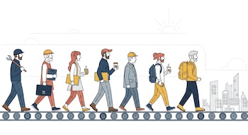 Ilustración plana: fila de ocho trabajadores diversos, hombres y mujeres, de perfil, caminando sobre una cinta transportadora que se convierte en una ciudad con edificios.
