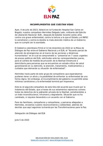 Comunicado incumplimiento alivios humanitarios del