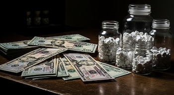 Billetes de cien, cincuenta y veinte dólares estadounidenses se apilan y dispersan junto a cinco frascos de vidrio con pastillas blancas redondas sobre una superficie de madera oscura.
