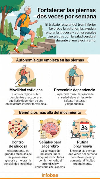 Infografía con ilustraciones de un hombre mayor caminando, íconos de jeringa, cerebro y un calendario con el texto dos veces por semana.