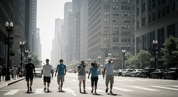 Varias personas cruzan una calle amplia en una ciudad de Estados Unidos bajo luz solar fuerte. Se ven edificios altos y autos estacionados al fondo.