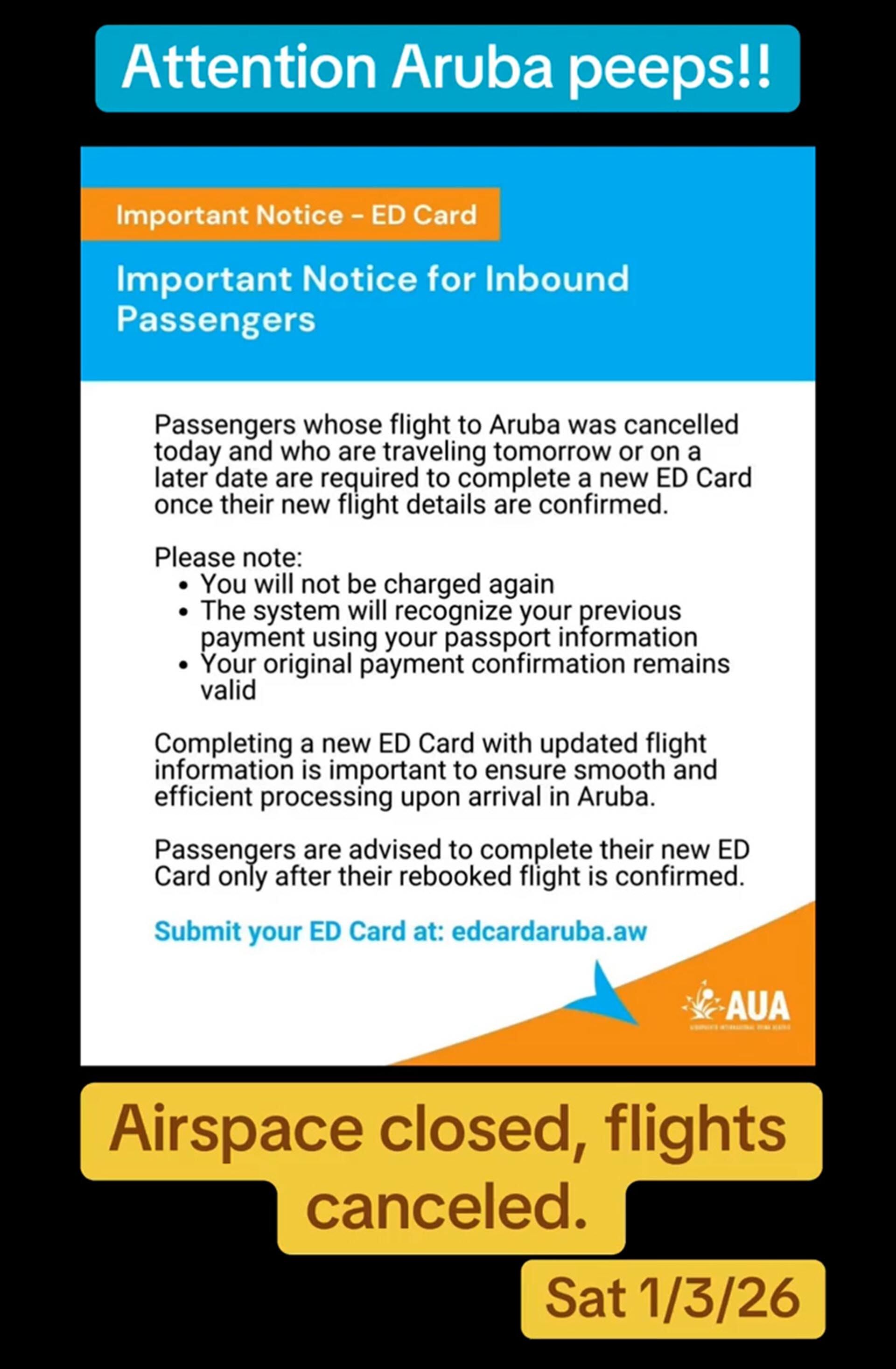 Comunidado del Aeropuerto Interancional de Aruba