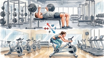 Ilustración de un hombre haciendo press de banca con pesas y una mujer en bicicleta estática en un gimnasio. Se observan equipos de fuerza y cardio.