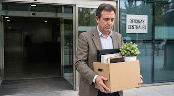 Hombre con chaqueta lleva una caja de cartón con objetos personales, como carpetas y una planta, saliendo de un edificio de oficinas con puertas de cristal.