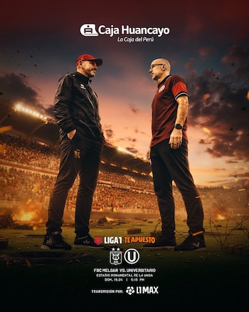 Póster promocional con dos hombres de perfil enfrentados, uno con gorra roja y otro con gafas, en un estadio de fútbol. Abajo, detalles del partido Melgar vs Universitario