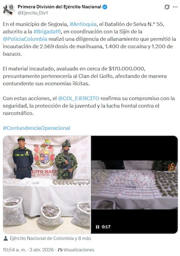 Las fuerzas en Segovia asestan un golpe al Clan del Golfo - crédito @Ejercito_Div1/X