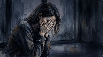 Ilustración en tonos oscuros de una persona sentada que oculta su rostro entre las manos junto a una ventana.