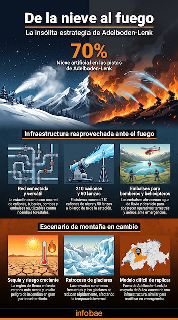 Infografía con montañas nevadas y en llamas. Muestra tuberías, cañones de nieve, helicópteros, termómetro, glaciares y un mapa de Suiza.