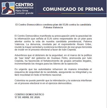 Centro Democrático condenó las intenciones de atentar contra la vida de la candidata presidencial, Paloma Valencia - crédito Centro Democrático