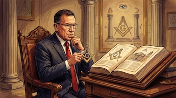 Ilustración de Roy Barreras pensativo con gafas y traje, sentado ante un libro abierto con símbolos masónicos, rodeado de iconografía masónica y pilares.