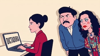 Una mujer escribe en una computadora portátil que muestra la palabra "DICTADURA", mientras un hombre y una mujer con cabello oscuro la miran.