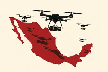 Ilustración gráfica del mapa rojo de México sobre fondo crema con varios drones negros que llevan paquetes cilindricos atados.