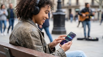Vista lateral de una joven sonriendo con cabello rizado y auriculares, sentada en un banco, manipulando un smartphone que muestra una interfaz de generación de música IA.