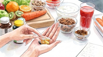 Ilustración en acuarela de manos sosteniendo píldoras junto a frascos de cápsulas, frutas, zanahorias, frutos secos y un vaso de jugo.