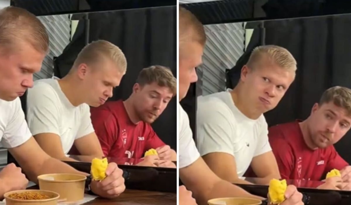 Erling Haaland recreó su gesto viral de miedo en un video grabado junto al youtuber MrBeast.