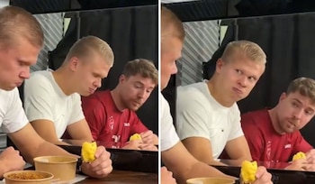 Erling Haaland recreó su gesto viral de miedo en un video grabado junto al youtuber MrBeast.