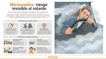 Infografía que muestra a un conductor durmiendo al volante y una sección con horarios críticos, trayectos peligrosos, prevención y señales de alerta para el microsueño.